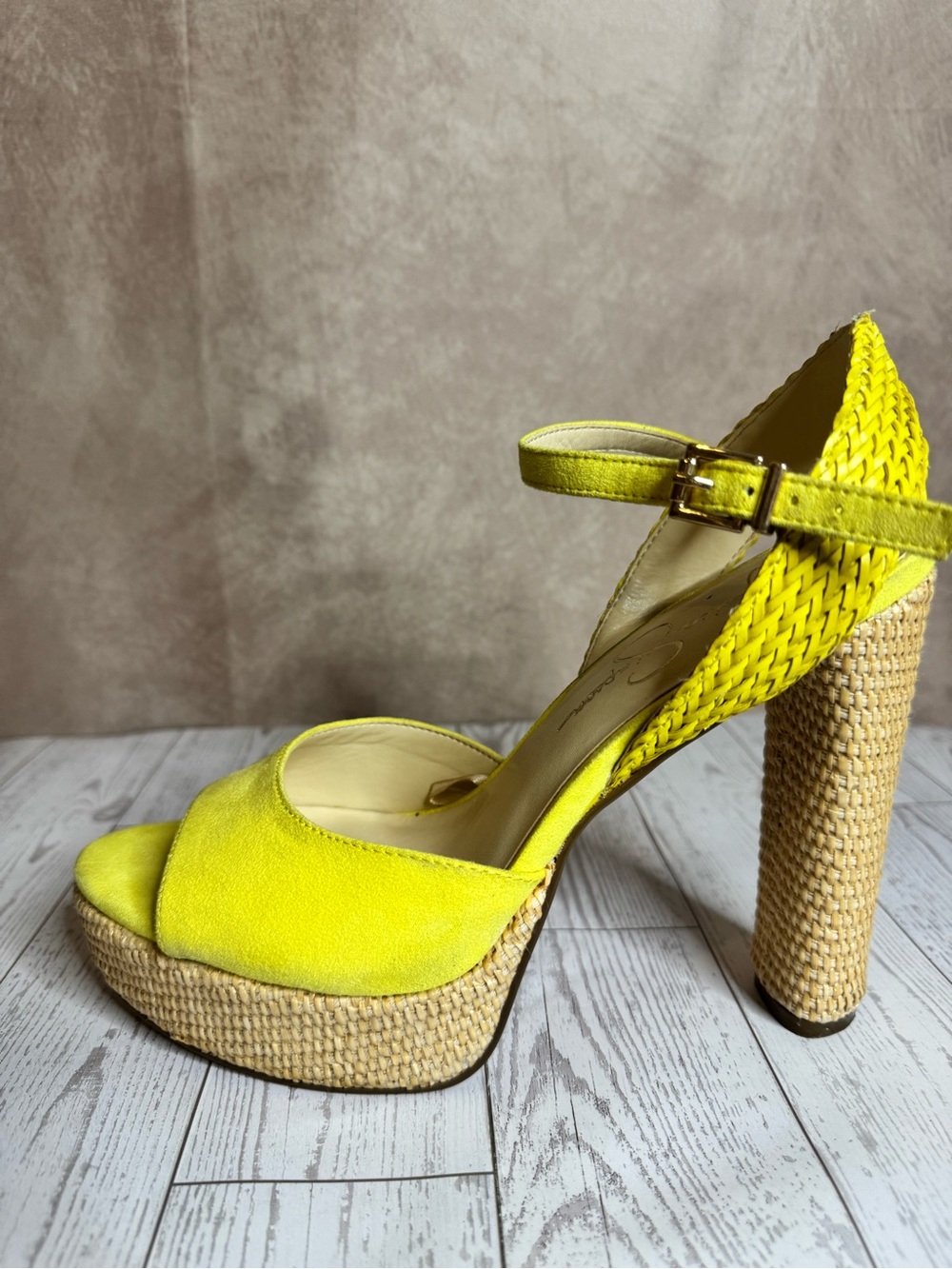 Jessica Simpson Neon Yellow Platform Ankle-Strap Sandals with Woven Platform - Picture 2 of 6